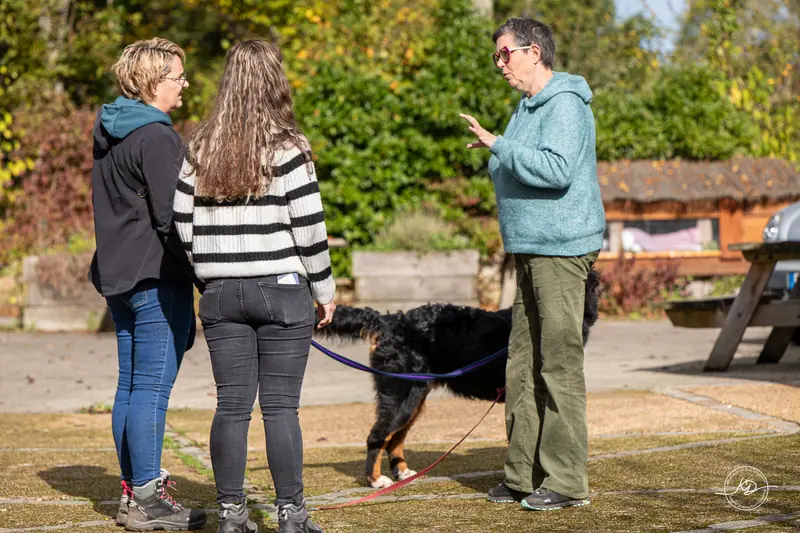 Une formatrice explique un exercice à deux stagiaires, un chien en laisse à leurs côtés